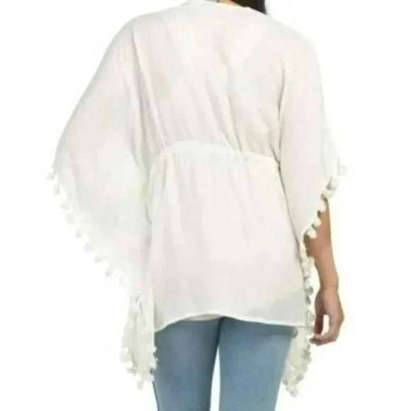 VINCE CAMUTO KIMONO SZ O/S WHITE TIE-FRONT COVER-UP TOP WITH TASSELS BOHO - Picture 4 of 11
